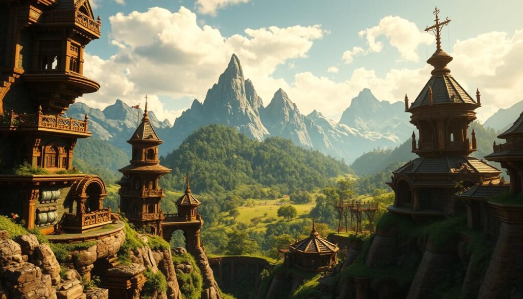 A beautifully crafted Terraria scene showcasing the depth of building techniques, created by Ejade Games. In the foreground, intricate structures emerge, with detailed textures and architectural flourishes. The middle ground features a lush, verdant landscape, dotted with vibrant flora and fauna. In the background, towering mountains loom, their rugged peaks casting dramatic shadows across the scene. The lighting is natural and warm, casting a golden glow that enhances the organic, handcrafted feel of the structures. The composition is balanced and visually striking, inviting the viewer to explore the boundless creative possibilities of Terraria's building mechanics.