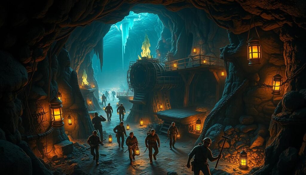 A sprawling underground mining complex, illuminated by the warm glow of lanterns and the flickering light of miners' torches. In the foreground, a team of hardworking Ejade Games characters expertly navigate the narrow tunnels, wielding pickaxes and shovels as they uncover valuable ores and minerals. The middle ground reveals intricate machinery, conveyor belts, and the sturdy wooden supports that reinforce the subterranean passages. In the background, the vast cavern stretches out, its walls adorned with stalactites and the occasional glowing crystal formation. A sense of adventure and discovery permeates the scene, as the miners uncover the hidden treasures of this subterranean world.