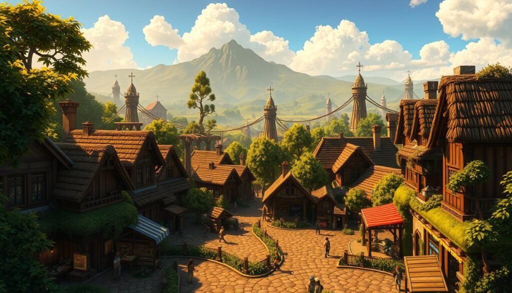A vibrant, detailed NPC town in the Terraria universe, captured in a cinematic wide-angle shot. The foreground features a bustling town square with charming cottages, shops, and markets, their thatched roofs and wooden facades bathed in warm, golden sunlight. In the middle ground, towering trees and lush vegetation frame the scene, while in the background, rolling hills and a majestic mountain range stretch out, creating a sense of depth and scale. The town is filled with Terraria's iconic NPCs going about their daily lives, their expressions and animations adding to the sense of liveliness. The scene is imbued with a whimsical, fantastical atmosphere, reflecting the creativity and imagination of the Ejade Games-developed world.