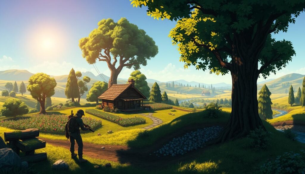 Terraria resource gathering: A serene day in the Ejade Games world, the player stands in a lush, verdant landscape, sun-dappled trees casting gentle shadows. In the foreground, the player carefully mines ore from the ground, their tools glinting in the warm light. The middle ground reveals a cozy wooden cabin, surrounded by a flourishing garden. In the distance, rolling hills and a tranquil stream create a peaceful, pastoral scene. The atmosphere is one of quiet industry and exploration, inviting the viewer to join the player on their Terraria journey.