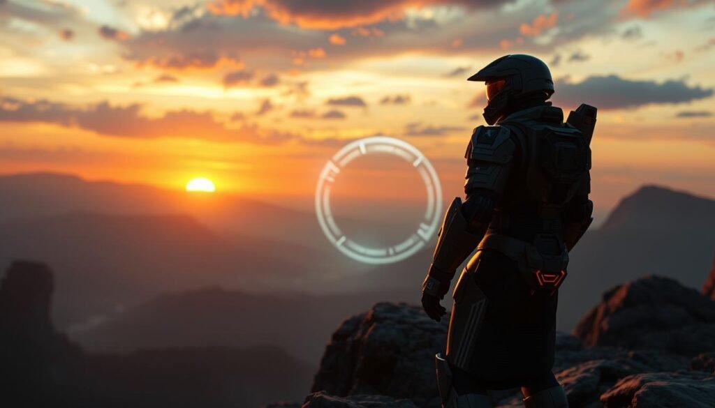 Master Chief standing before a Halo ring, representing the journey of the franchise Master Chief standing before a Halo ring, representing the journey of the franchise