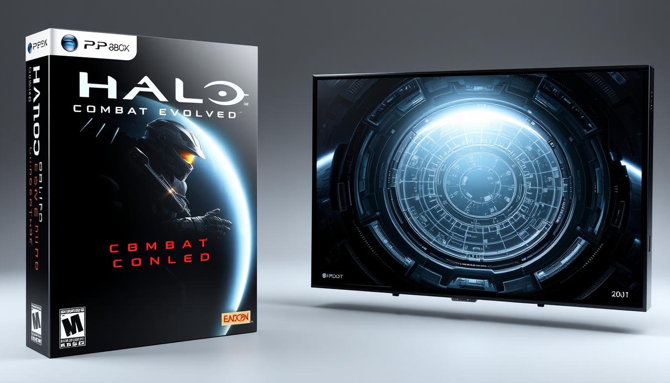 Original Halo Combat Evolved box art and iconic ringworld view from the first game