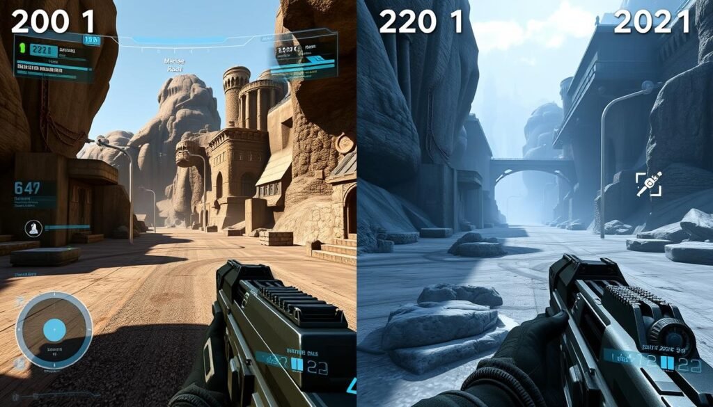 Side-by-side comparison of Halo Combat Evolved and Halo Infinite gameplay mechanics Side-by-side comparison of Halo Combat Evolved and Halo Infinite gameplay mechanics