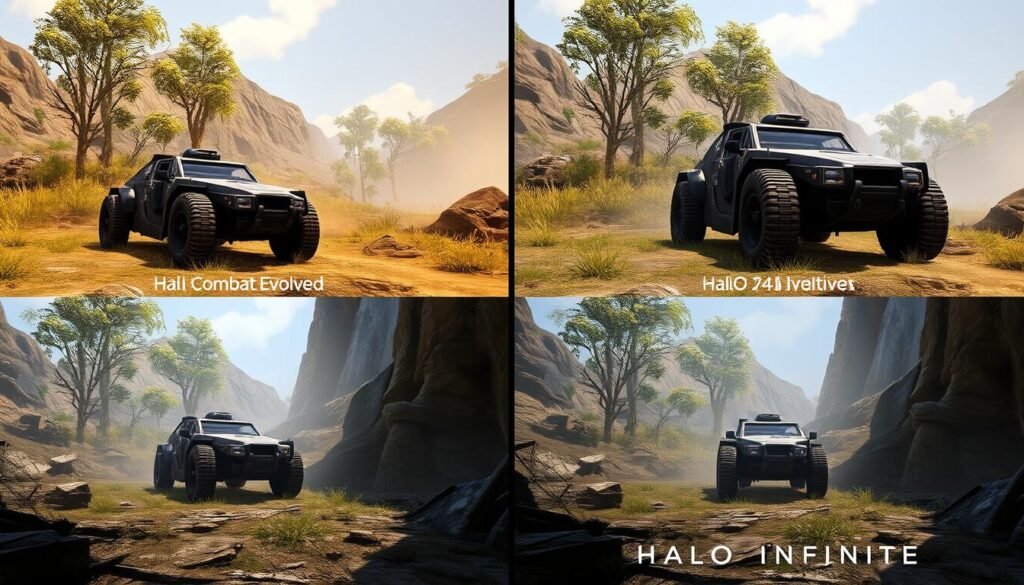 Technological evolution across Halo games showing graphical improvements Technological evolution across Halo games showing graphical improvements