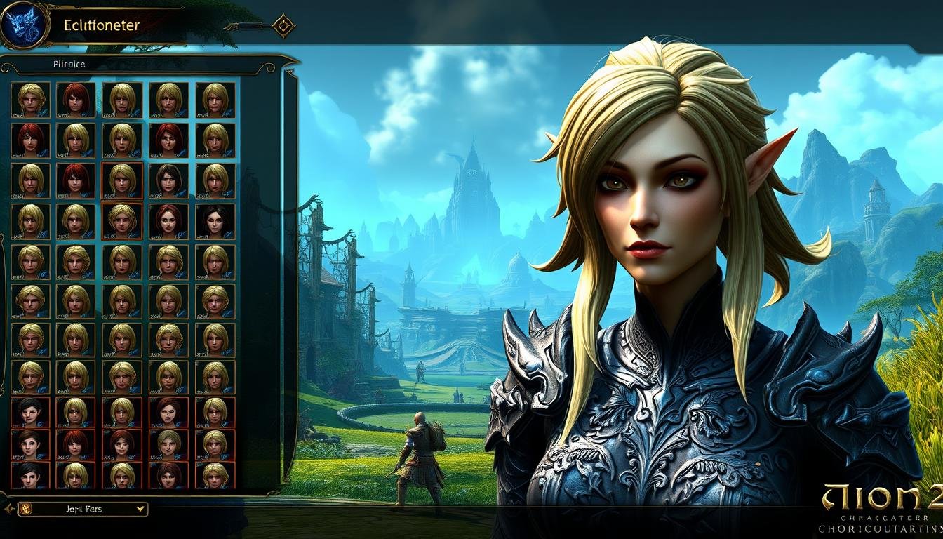 A vibrant, high-fantasy character customization interface for Aion 2, showcasing an array of detailed visual options. In the foreground, a character creator menu displays a myriad of customizable features - hairstyles, facial structures, skin tones, and more. The middle ground depicts the character model itself, rendered in stunning detail with intricate textures and lighting. The background immerses the viewer in the epic, otherworldly realm of Aion, with lush, fantastical landscapes and architecture visible through the interface. The overall atmosphere conveys a sense of depth, personalization, and immersion into the rich fantasy world of the game.