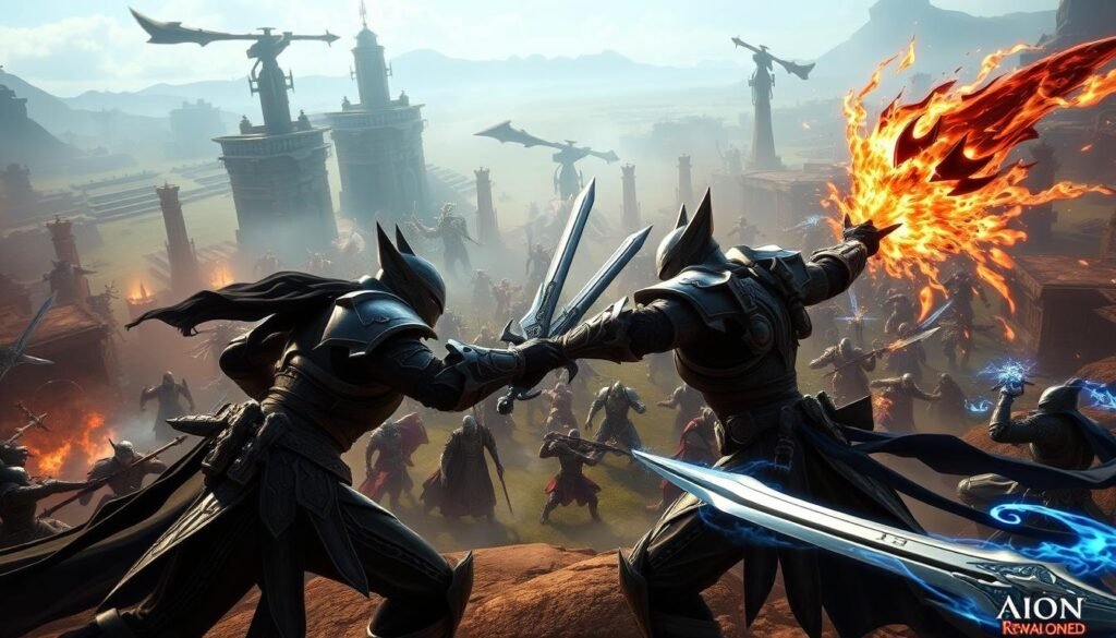 Aion 2 combat system: A breathtaking scene of epic fantasy warfare. In the foreground, two armored warriors clash in a flurry of sword strikes and magical spells, their faces etched with determination. Surrounding them, a vibrant battlefield teeming with fantastical creatures and factions, each with its own unique abilities and combat styles. The middle ground is shrouded in a hazy, ethereal mist, giving the scene an otherworldly atmosphere. In the background, towering ancient structures and majestic landscapes provide a stunning backdrop, hinting at the rich, immersive world of Aion 2. Dramatic lighting casts dramatic shadows, emphasizing the intensity of the combat, while a cinematic camera angle captures the clash of steel and the clash of powers with a sense of grand scale and epic storytelling. Aion 2 combat system: A breathtaking scene of epic fantasy warfare. In the foreground, two armored warriors clash in a flurry of sword strikes and magical spells, their faces etched with determination. Surrounding them, a vibrant battlefield teeming with fantastical creatures and factions, each with its own unique abilities and combat styles. The middle ground is shrouded in a hazy, ethereal mist, giving the scene an otherworldly atmosphere. In the background, towering ancient structures and majestic landscapes provide a stunning backdrop, hinting at the rich, immersive world of Aion 2. Dramatic lighting casts dramatic shadows, emphasizing the intensity of the combat, while a cinematic camera angle captures the clash of steel and the clash of powers with a sense of grand scale and epic storytelling.