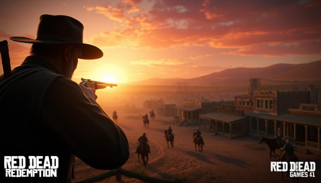 A dynamic scene encapsulating the gameplay mechanics of Red Dead Redemption, featuring a rugged cowboy character in modest attire, strategically positioned in the foreground, aiming a rifle at a distant target. In the middle ground, a rugged, dusty Wild West town with wooden buildings and dirt roads, showcasing various activities like horse riding and dueling. The background has vast, open plains under a vibrant sunset sky, casting warm golden hues over the landscape. The lighting is dramatic, emphasizing the tension of a standoff, while capturing the essence of adventure and exploration. A cinematic angle, reminiscent of video game graphics, immerses the viewer in the Wild West experience. Incorporate elements of horse lassoing and treasure hunting to highlight the diverse mechanics. The overall mood should evoke excitement and authenticity, reflecting the spirit of "Ejade Games."