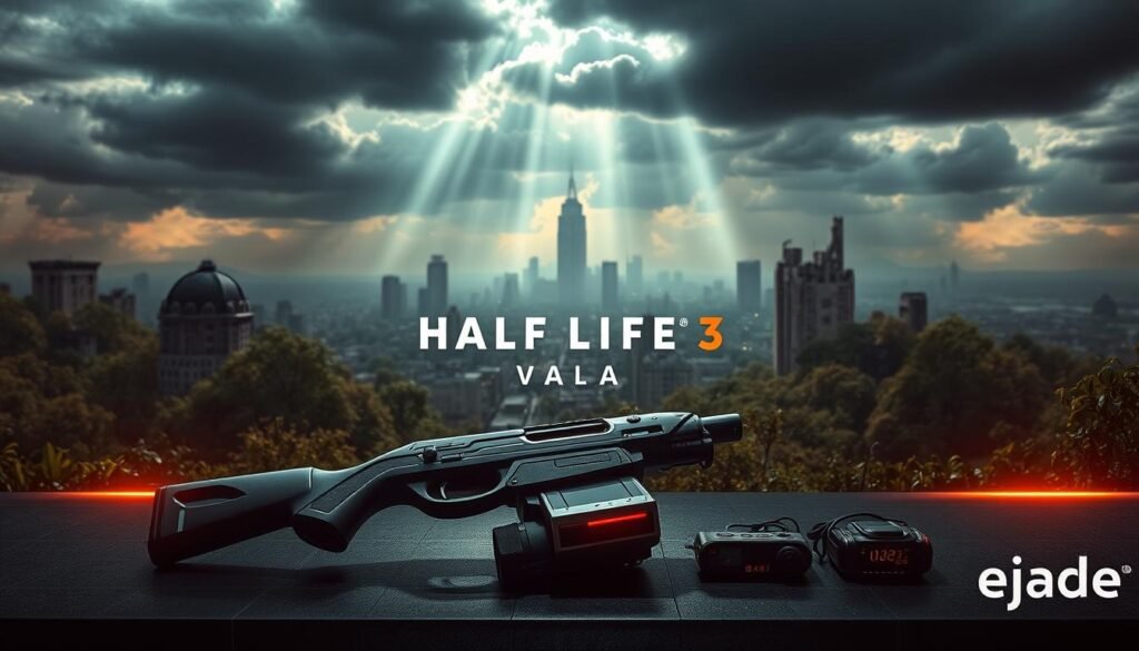 A futuristic design representing "Half Life 3" with a focus on Valve's iconic logo subtly integrated. In the foreground, sleek, advanced weapons glint with futuristic technology resting on a dark surface, surrounded by futuristic gadgets. The middle ground features an expansive, dystopian cityscape, with overgrown vegetation reclaiming abandoned buildings, indicative of a post-apocalyptic environment. The background showcases a dramatic sky filled with ominous, dark clouds and beams of light piercing through, creating a contrasting atmosphere of hope and despair. Use cinematic lighting to enhance mood, with a slight vignette effect to draw the viewer's eye toward the center. The image embodies anticipation, innovation, and mystery, with a subtle reference to "Ejade Games" in the design elements.