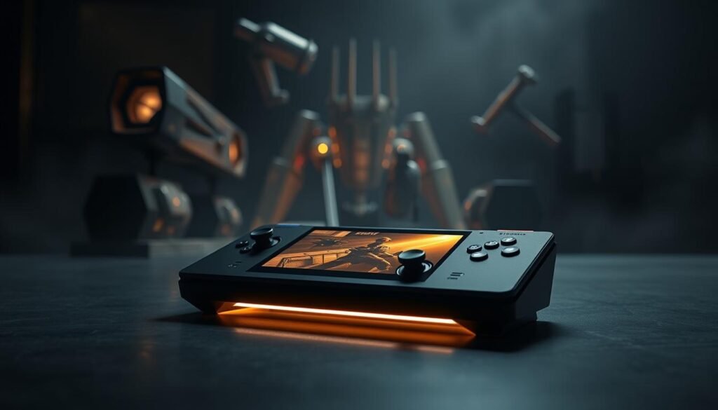 A sleek, modern Steam Deck gaming console lies prominently in the foreground, showcasing its custom controls and vibrant screen displaying a scene reminiscent of the Half-Life universe, featuring a subtle nod to familiar gravity-defying mechanics. Soft, ambient lighting emanates from the device, creating a dynamic interplay of shadows and highlights that accentuates its design. In the middle ground, abstract representations of the Half-Life universe hover—futuristic structures and iconic elements like the HEV suit and a crowbar blur into a digital haze, highlighting the connection between Valve's current projects and the beloved franchise. The background features a dark, atmospheric environment reminiscent of a sci-fi setting, enhancing the overall mood of mystery and anticipation. The scene is framed with a slight depth of field effect, simulating a shot taken with a 50mm lens, inviting the viewer into the world of gaming innovation from Ejade Games.