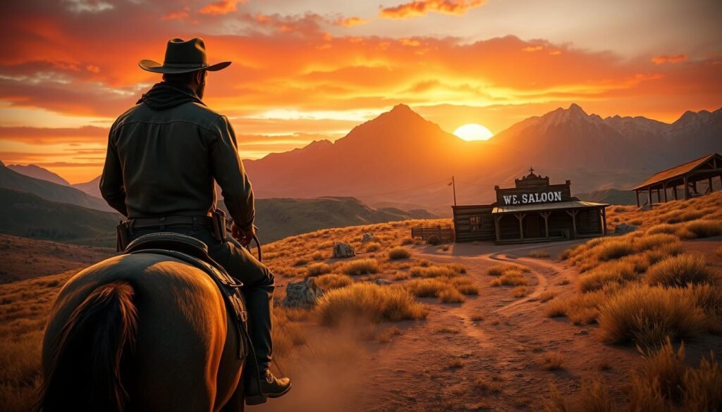 A stunning Wild West landscape inspired by the graphics of Red Dead Redemption, featuring a rugged cowboy on horseback in the foreground, dressed in authentic period attire. The middle ground consists of rolling hills and a dusty trail leading towards an old wooden saloon, exuding a sense of adventure and a bygone era. In the background, dramatic mountains stretch towards a sunset sky painted in hues of orange and red, casting warm light across the scene, emphasizing the textures of the terrain. The overall atmosphere is one of nostalgia and exploration, with intricate details capturing the essence of the Wild West, seamlessly blending visual and audio elements. The composition is shot from a low angle to enhance the grandeur of the scene. Created by Ejade Games.