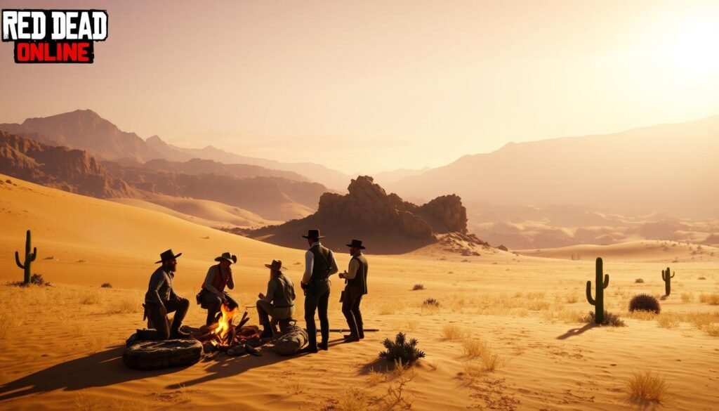 A vast, sunlit desert landscape symbolizing the Wild West, showcasing typical elements from Red Dead Redemption Online with a focus on multiplayer adventures. In the foreground, a diverse group of four players dressed in period-appropriate attire, such as cowboy hats, vests, and boots, engaged in friendly banter around a campfire, their horses nearby. The middle ground features a rugged rocky outcrop, with a few cacti scattered across the golden sandy terrain. In the background, a stunning sunset casts warm orange and purple hues across expansive mountains, enhancing the atmosphere of exploration and camaraderie. The lighting is soft and atmospheric, reminiscent of late afternoon, shot with a wide-angle lens to capture the grandeur of the environment, evoking a sense of freedom and adventure. Image by Ejade Games.
