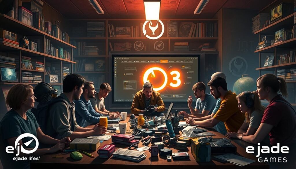 A vibrant and dynamic digital art scene capturing the essence of the Half-Life community’s dedication to the long-awaited sequel, Half-Life 3. In the foreground, a group of diverse gamers, dressed in casual but neat attire, eagerly discussing theories and fan art around a table strewn with game paraphernalia. In the middle ground, a large screen displays cryptic Half-Life 3 symbols and rumors, glowing with a faint light. The background features dimly lit shelves filled with gaming collectibles, with atmospheric lighting casting intriguing shadows, evoking a sense of nostalgia and excitement. The overall mood is one of passionate anticipation and camaraderie, emphasizing the tight-knit community spirit. The artwork is branded subtly with "Ejade Games" in the corner, ensuring a professional finish.