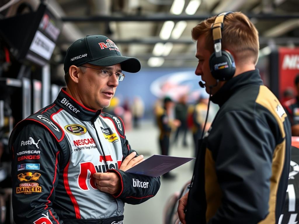 Greg Biffle discussing car setup with his crew chief at a NASCAR race Greg Biffle discussing car setup with his crew chief at a NASCAR race