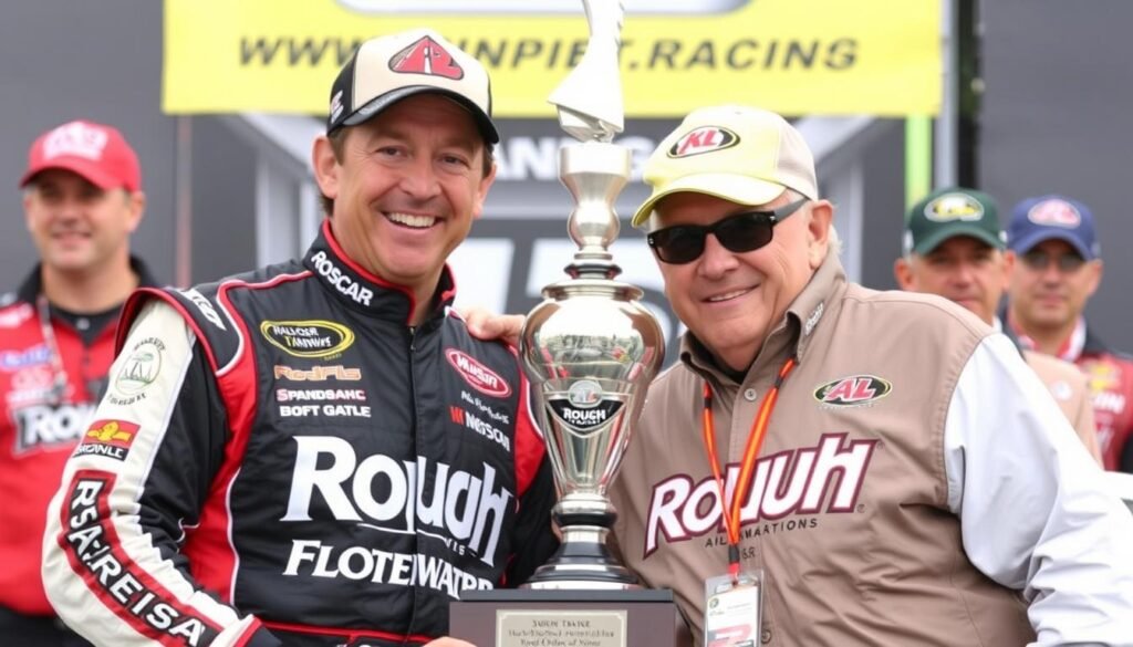 Greg Biffle with team owner Jack Roush celebrating a victory Greg Biffle with team owner Jack Roush celebrating a victory