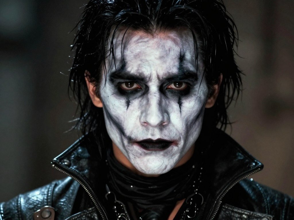 Brandon Lee in character as Eric Draven with The Crow makeup